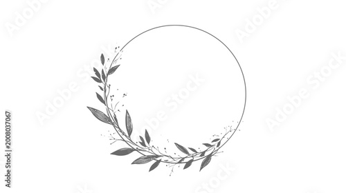 Elegant hand-drawn botanical circular frame with delicate greyscale leaves and branches. Minimalist nature-inspired wreath design.