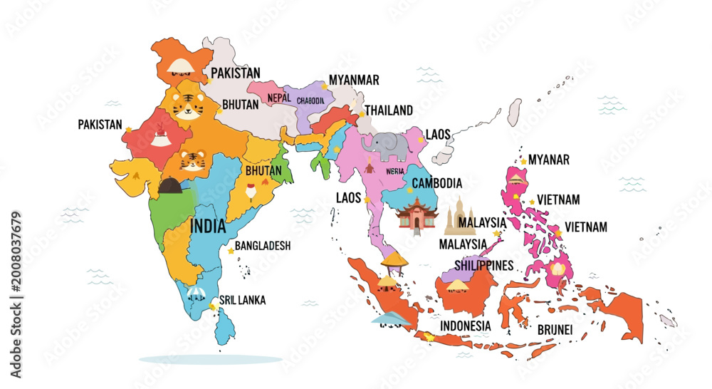 Naklejka premium Colorful Cartoon Map of Southeast Asia with Landmarks and Country Names