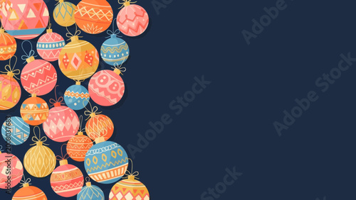 Colorful Christmas Ornaments Pattern on Dark Blue Background with Copy Space