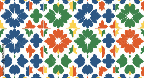 Colorful Geometric Floral Pattern Seamless Background, Decorative Textile Design