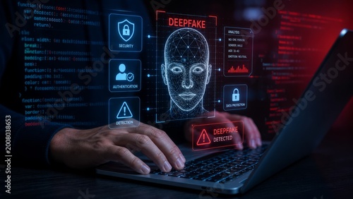 Deepfake detection cybersecurity concept with AI security, authentication, data protection, facial recognition analysis, fraud prevention and digital identity verification on computer system.