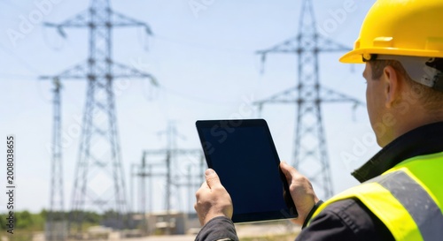 An engineer in a hard hat and safety vest holds a tablet, overlooking high-voltage power lines and transmission towers under a clear sky.