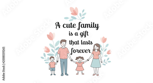 Cute Family Illustration with Flowers and Copy Space