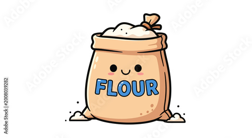 Cute Flour Sack Illustration with Kawaii Face and Copy Space