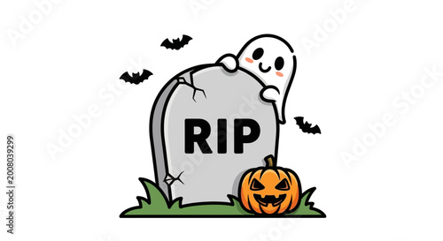 Cute ghost peeking from behind tombstone with pumpkin and bats, illustration