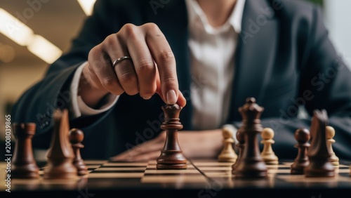 A businessperson's hand making a strategic move with the queen in a chess game.