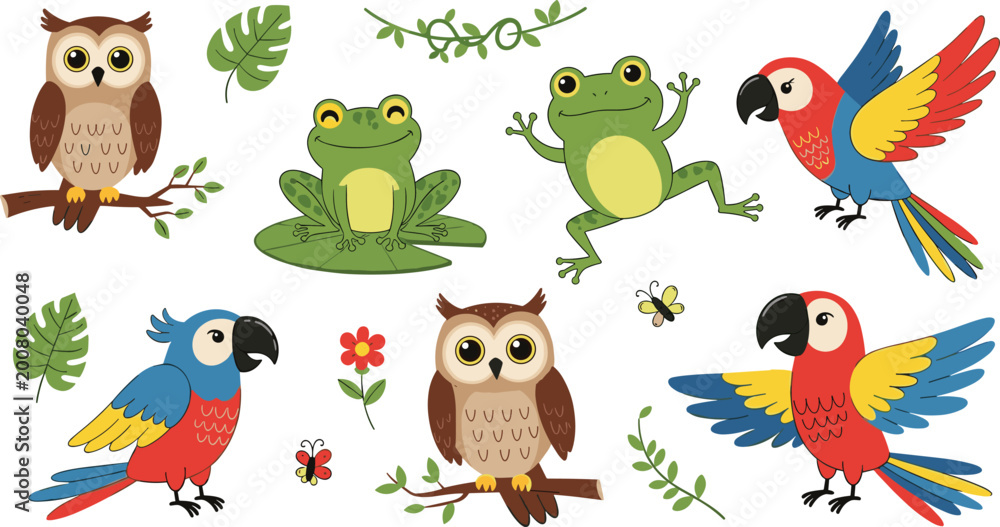 Obraz premium Cute Owl Frog and Parrot Cartoon Animal Set with Tropical Nature Elements Collection