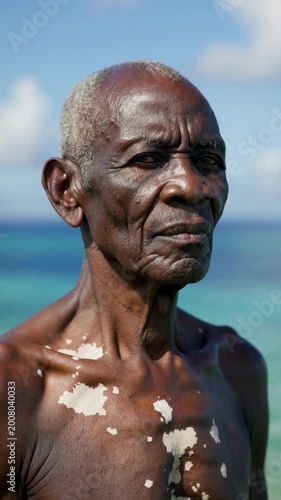 Senior African man with vitiligo skin condition standing outdoors against turquoise ocean background