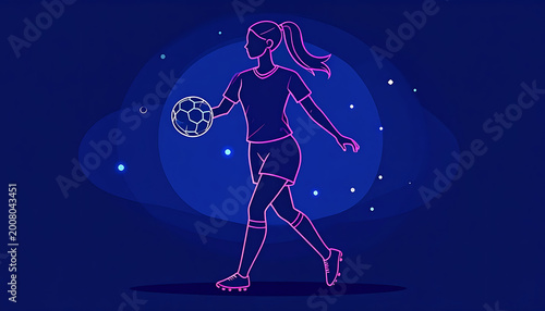 Young woman playing soccer, outline in neon pink against a dark blue background with glowing sparkles, pixel art style, active lifestyle concept