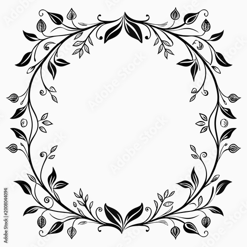 Black and white floral wreath border with leaves and swirls, floral pattern