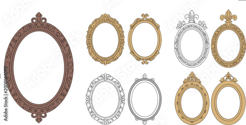 Vintage oval frame collection with ornate decorative borders, classic antique picture frames set for elegant design vector illustration
