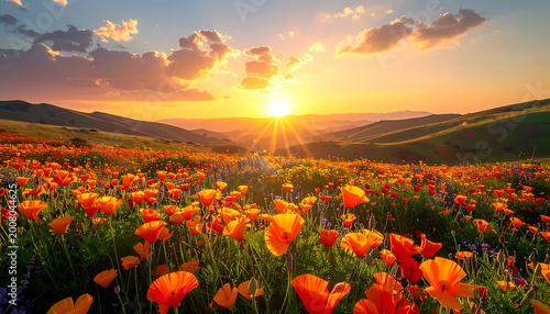 Vibrant field of California poppies and wildflowers blooming at sunset, sun rays bursting through clouds, rolling hills landscape