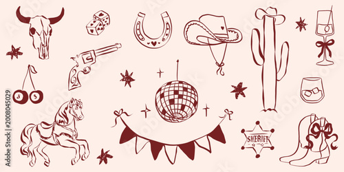 Cowgirl disco party essentials with pink cowboy hats, boots and horseshoes. Retro western doodle set featuring girly illustrations, guitars, and bachelorette celebration icons.
