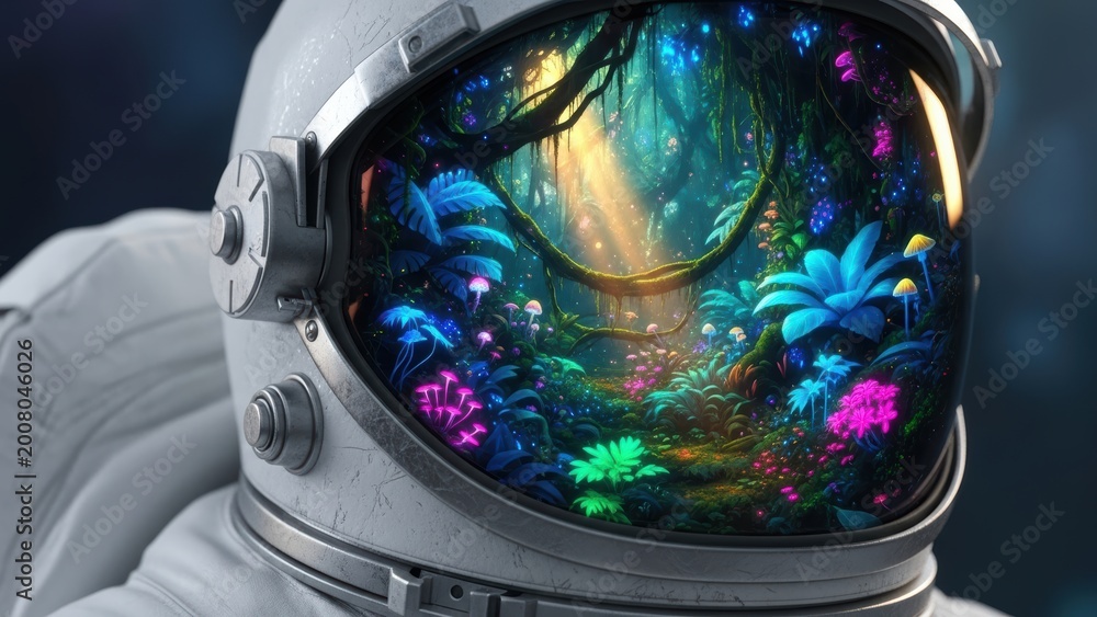 Fototapeta premium The reflection of a magical, glowing forest in an astronaut's visor.