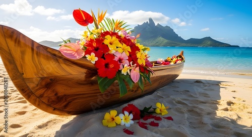 Wooden outrigger canoe filled with colorful tropical flowers on a Bora Bora beach.