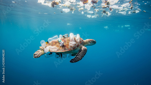 Sea turtle entangled in plastic pollution in the ocean, a stark reminder of environmental damage