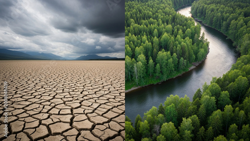 Stark Environmental Contrast Parched, Cracked Earth and Drought-Stricken Lands Versus Lush, Vibrant Forests and Flowing Rivers, Illustrating Climate Impact and Ecosystem Diversity