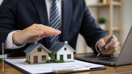 Real estate insurance protection with property investment, home security, mortgage planning, housing finance, risk management, and residential property business concept.