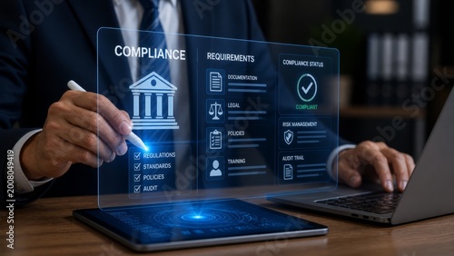 Compliance management with legal requirements, regulations, policies, audit trail, risk management, documentation and corporate governance for secure business operations.