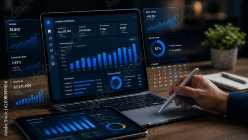 Business analytics dashboard with sales trends, revenue growth, profit analysis, market share, conversion rate and performance tracking for strategic decision making.