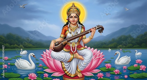 Obraz na płótnie Goddess Saraswati Playing Sitar.