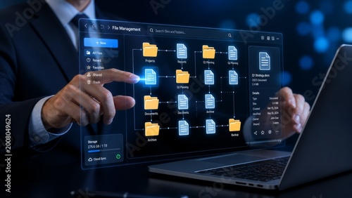 File management document system with folders, digital storage, cloud sync, document organization, archive workflow, secure file access, project folders, and business document control dashboard concept