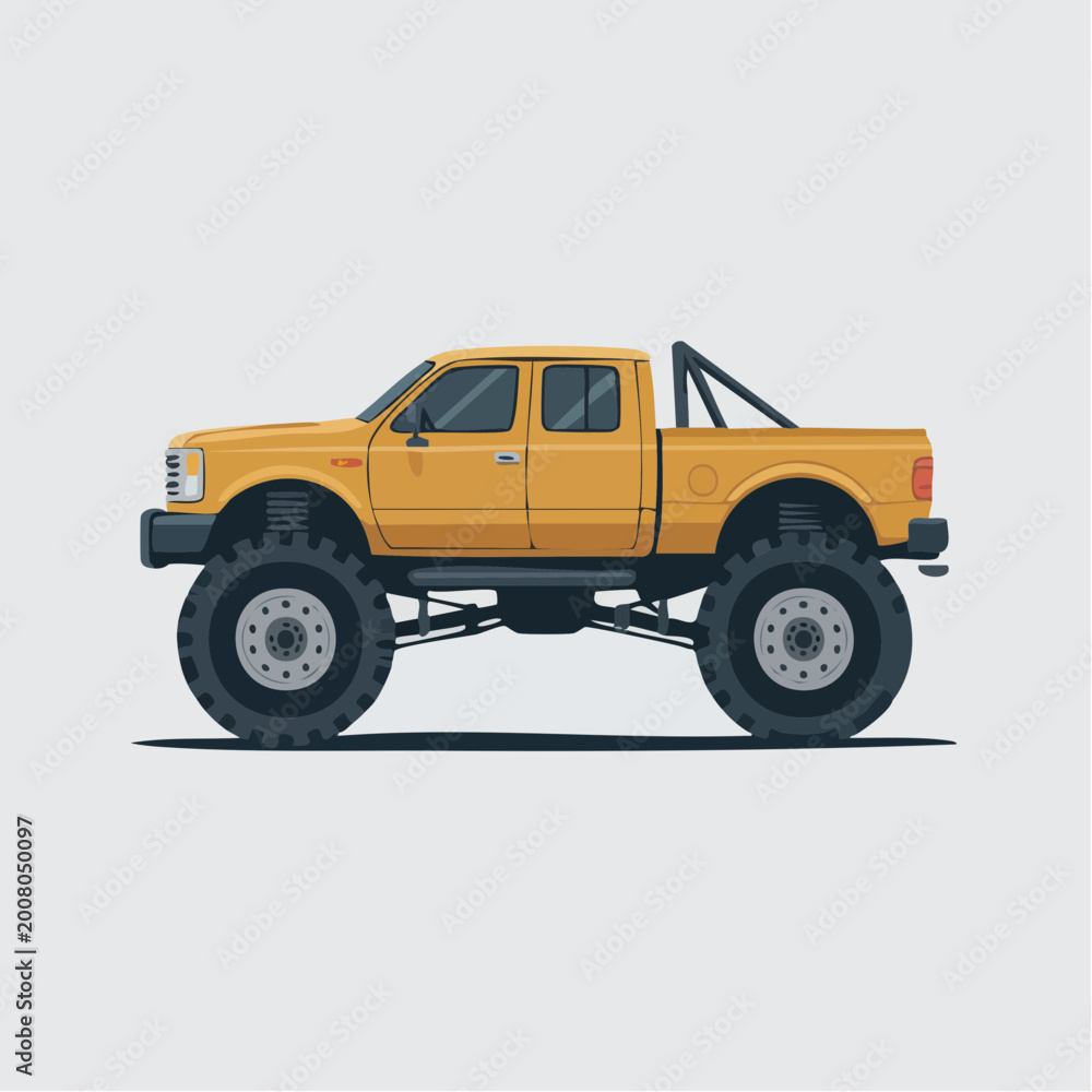 Fototapeta premium Large yellow pickup truck with lifted suspension and big wheels isolated on white