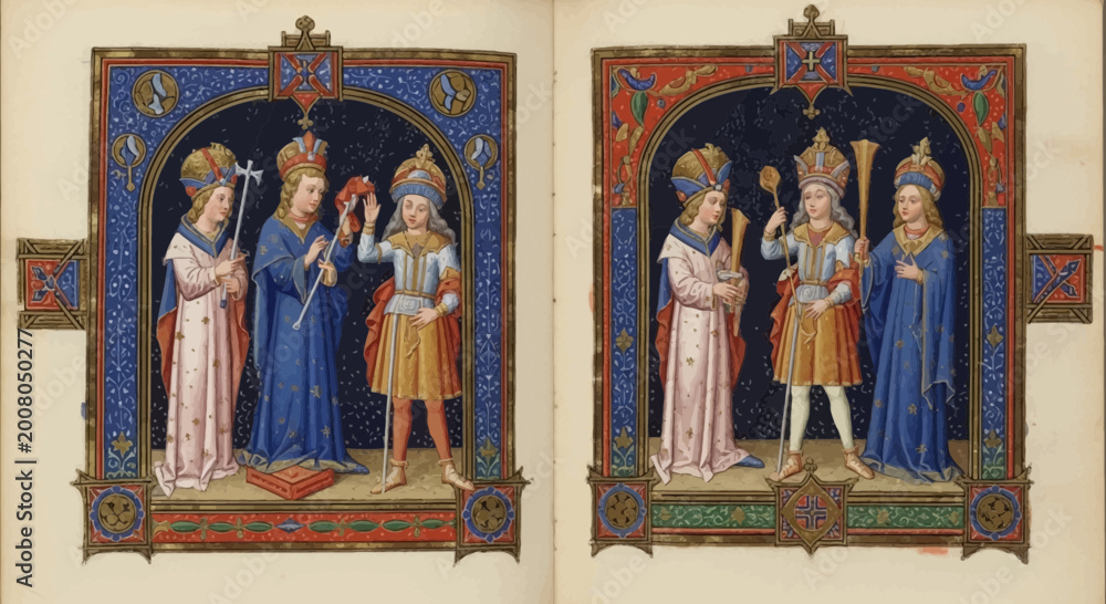 Fototapeta premium Medieval illuminated manuscript royal figures.