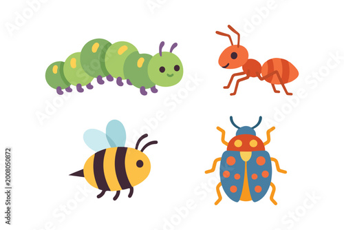 Cute Garden Insect Collection, Caterpillar, Ant, Bee, and Beetle Character Set, Flat Vector Illustration for Nursery and Education