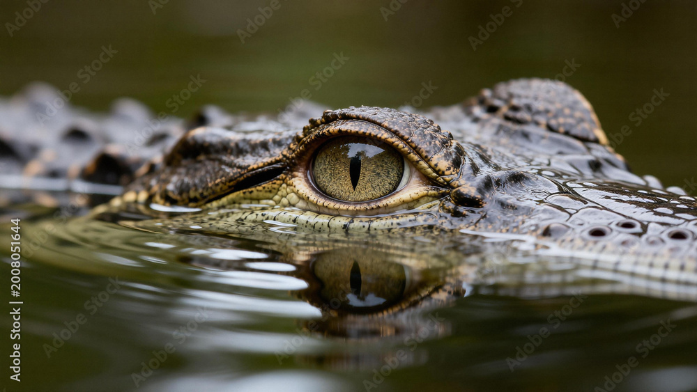 Fototapeta premium Close up of an alligator eye reflecting in dark swamp water