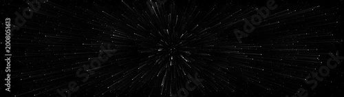 Dynamic white light streaks radiating outwards from a central point against a stark black background creating a sense of rapid motion and cosmic explosion