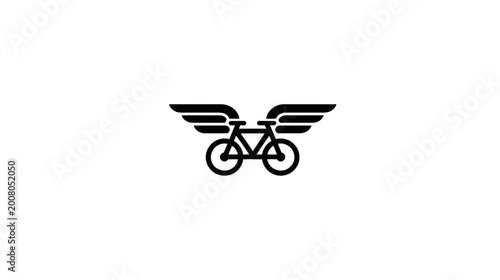 Black and white illustration of a bicycle with stylized wings, set against a plain white background
