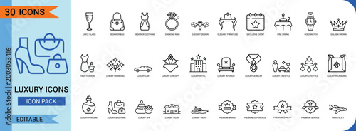 Luxury line art icon set. Containing champagne, handbag, perfume, jewelry, ring, crown, car, yacht, trophy, diamond, fashion, watch, travel, and more. Vector graphics.
