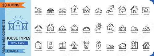 House line art icon set. Containing villa, cottage, bungalow, modern home, eco house, farmhouse, duplex, apartment, building, residence, and more. Vector graphics.