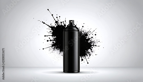 Black spray paint can with a large black ink splatter behind it, isolated on a light grey background, conveying urban art and graffiti concepts