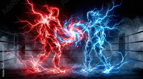 Powerful red, blue energy figures battling in dark boxing ring with electric lightning, intense competition.
