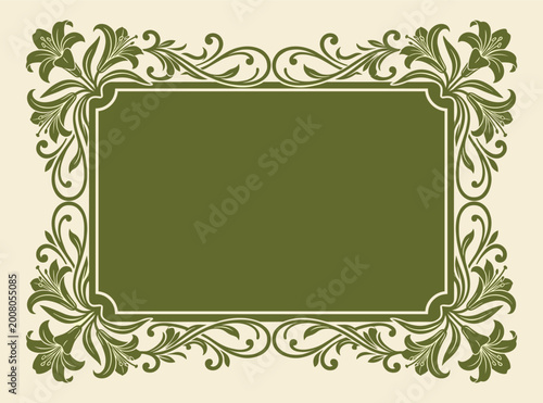 Green floral frame vector illustration with ornate lily pattern for decorative stationery design.