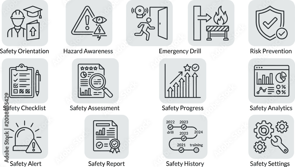 Fototapeta premium Safety and Risk Management Icons Set for Industrial Workplace Operations.