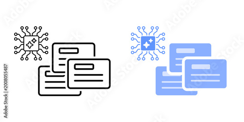 Microlearning content delivery icon. System node outputting small content cards. Modular learning distribution symbol. Educational content flow element. Simple geometric illustration.