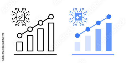 Progress tracking analysis icon. System node connected to upward chart. Learning performance monitoring symbol. Education analytics indicator. Simple geometric illustration.