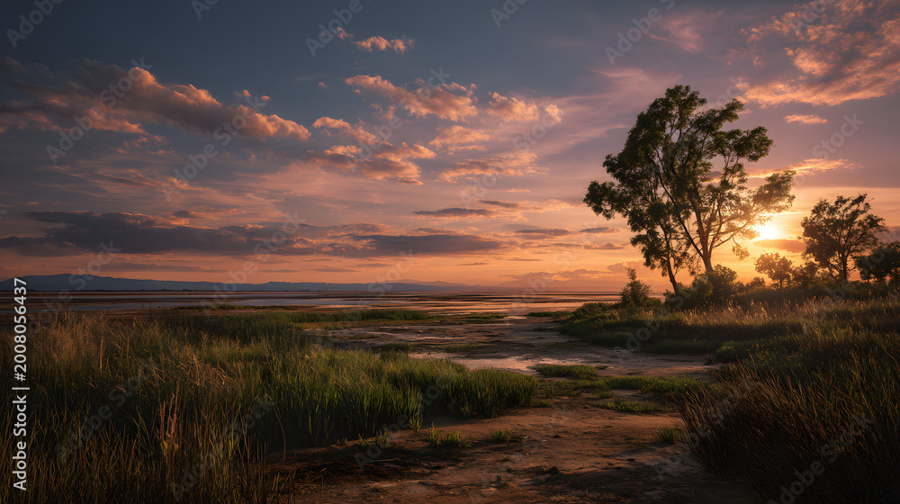 Fototapeta premium Quiet landscape with minimal sunset and calm air 