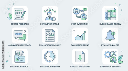 Set of education and evaluation process line icons.