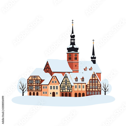Snowy European old town illustration with half timbered houses