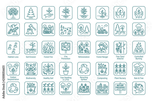 Set of forty forest and nature ecology protection icons in thin line art style for web vector illustration.