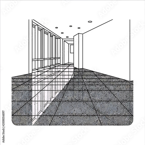 Architectural line drawing of a modern office corridor perspective
