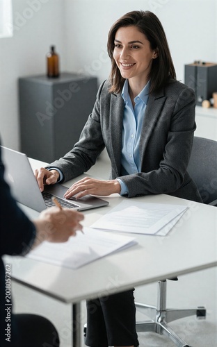 Professional woman smiles during business meeting laptops and