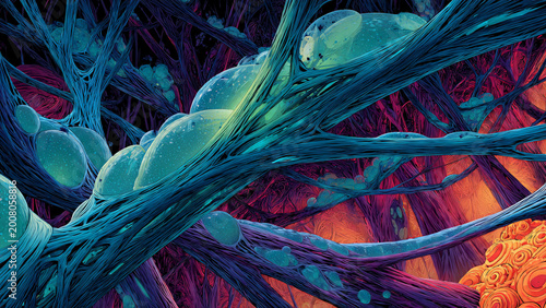 Vibrant digital artwork of glowing neural networks with teal and magenta fibers, abstract synaptic connections, cinematic lighting, concept for