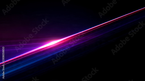 Vibrant neon light beam in pink and purple hues with blue streaks on black background, perfect for technology, nightlife and