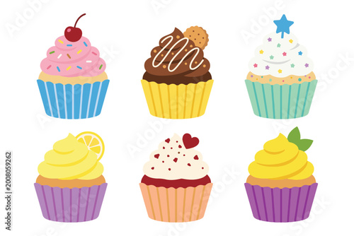 Set of Cute Cupcakes with Colorful Frosting and Various Toppings in Flat Vector Style