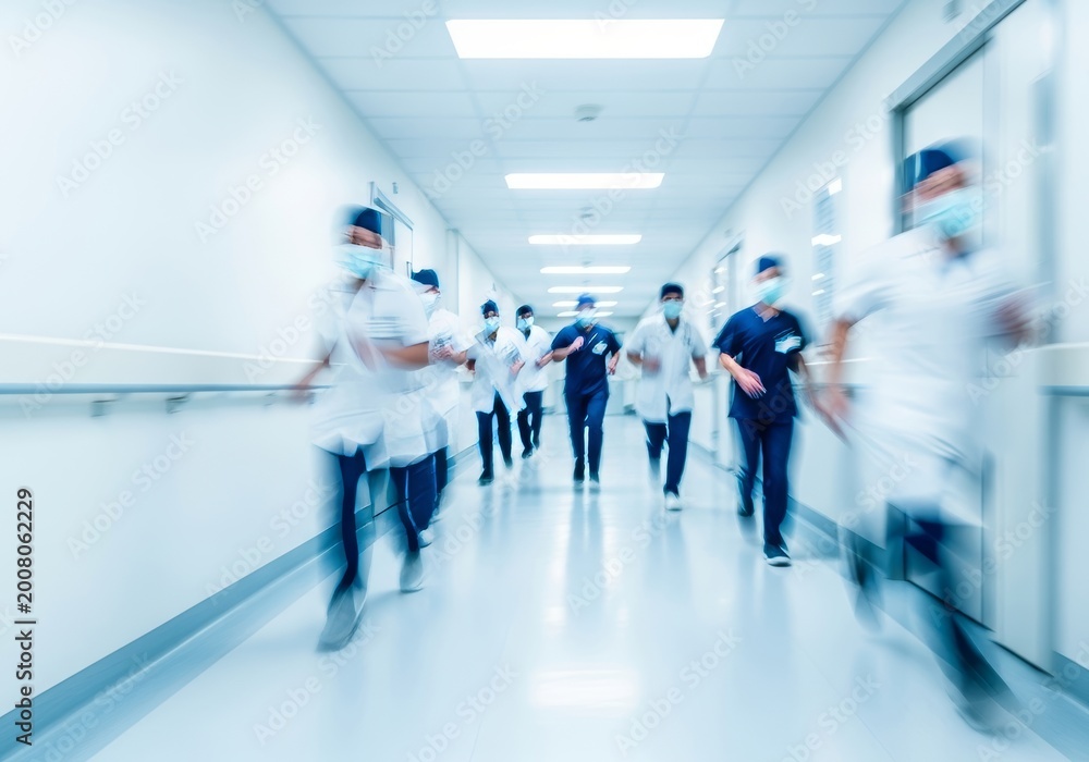 Obraz premium Abstract motion blur of white and blue medical uniforms racing down a bright hospital hallway, illustrating speed and emergency atmosphere, blue, healthcare, streaked